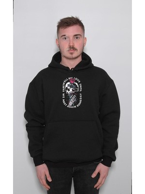 BUMETA Rose And Gun Skull Kuru Kafa Gül Sweatshirt Unisex Kapüşonlu Hoodie
