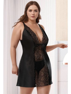 QKK Kadın Siyah Büyük Beden Saten Gecelik - Transparan Güpürlü Plus Size Ev Giyimi