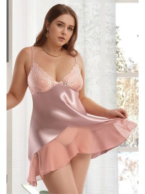 QKK Büyük Beden Saten Gecelik - Vizon Dantel Kaplamalı ve Volan Etekli Plus Size Gecelik