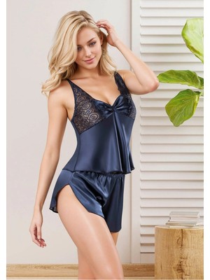 QKK Kadın Lacivert Saten Şortlu Pijama Takımı Dantel Detaylı Askılı Ev Giyimi