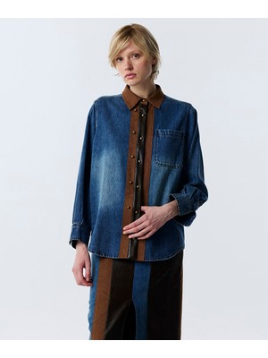 Twist Denim Mıx Deri Görünümlü Gömlek TW6260025159629