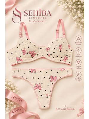 Love Secret Pamuklu Beyaz Pembe Fiyonk Desenli Kapsız Balenli Takım