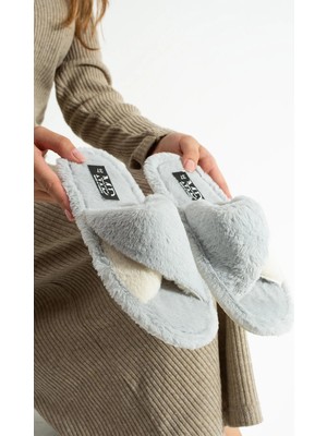 Moda Devrin Gri Kışlık Dikişli Taban Peluş Burgu Terlik Sessiz Taban Ev Terliği (Taban Kalınlaştırılmıştır)