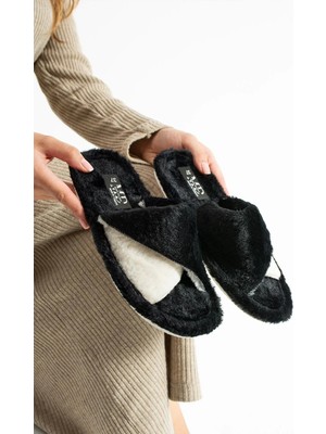 Moda Devrin Siyah Kışlık Dikişli Taban Peluş Burgu Terlik Sessiz Taban Ev Terliği (Taban Kalınlaştırılmıştır)