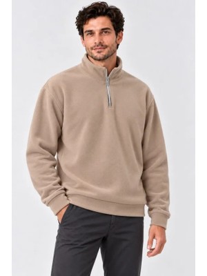 Erkek Polar Dik Yaka Yarım Fermuarlı Uzun Kollu Regular Fit Kışlık Sweatshirt - Bej