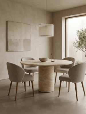 Miarik Design Yuvarlak Eleanor Tek Silindir Ayak Traverten Mermer Yemek Masası