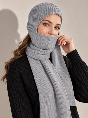 Irmak Kerekli Kadın Yumuşak Dokulu Triko Atkılı Bere | Balaklava Atkı Bere 72109 Gri