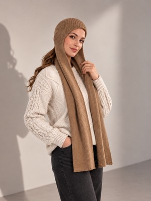 Irmak Kerekli Kadın Yumuşak Dokulu Triko Atkılı Bere | Balaklava Atkı Bere 72109 Camel