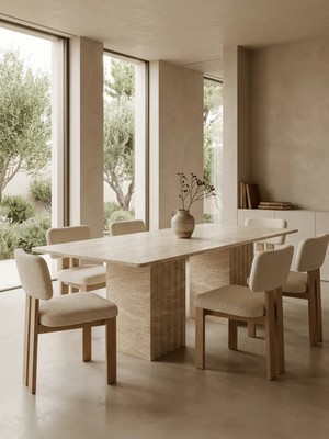 Miarik Design Edna Traverten Küp Sütun Ayak Yemek Masası