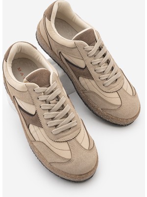 Marjin Kadın Çok Parçalı Süet Dokulu Retro Taban Bağcıklı Günlük Sneaker Mavel Bej Süet