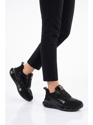 Ayakmod Siyah Cilt Bağcıklı Kalın Rahat Tabanlı Kadın Casual Yürüyüş Ayakkabı Sneaker 231171