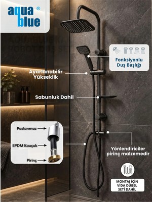 Aqua Blue Kare Siyah Ekstra Robot Duş Seti