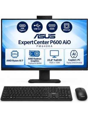 Asus Expertcenter P600 PM640KA S8 Ryzen Aı 7-350 64GB 512GB SSD 23.8 Windows 11 Pro Siyah Aı-Powered Aıo Bilgisayar