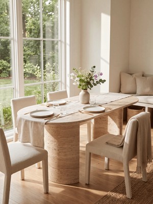 Miarik Design Aurora-Traverten Mermer Yarım Ay Ayaklı Yemek Masası