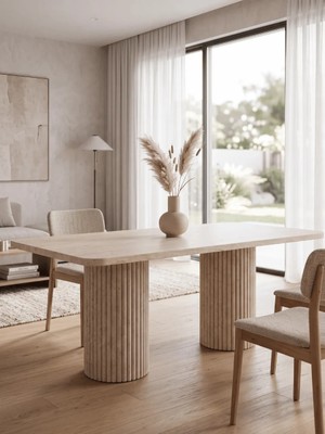 Miarik Design Albertdikdort-Traverten Mermer 2 Sütun Ayaklı Yemek Masası