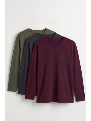 Elemge %100 Pamuk 3'lü Süprem Basic Erkek T-Shirt Compact Penye Tok Yumuşak Kumaş Normal Kalıp Terletmez Uzun Kollu Sporcu Antrasit-Bordo-Haki Motorcu Tişört Body