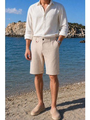 İnpool Erkek Beyaz- Bej Slim Fit Gofre Çizgili Yan Cepli Casual Esnek Şort