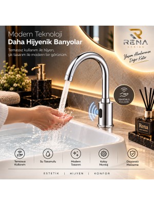 Rena Design Fotoselli Sensörlü Krom Lavabo Bataryası Temassız Otomatık Tasarruflu Modern Musluk Kuğu