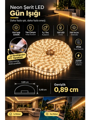 Ema Dükkan 220V Kendinden Yapışkanlı Trafosuz Şerit LED 3200K Gün Işığı – 750 Lm/m Yüksek Işık Metrede 120 LED Tavan Gizli Işık
