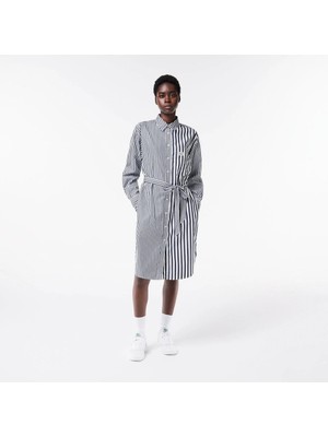 Lacoste Kadın Regular Fit Uzun Kollu Gömlek Yaka Çizgili Beyaz Elbise