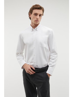 Mudo Erkek Beyaz Regular Fit Tek Cepli Uzun Kollu Gömlek