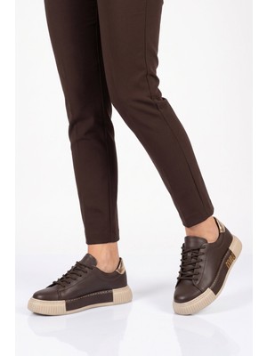 Ayakmod Kahve Bağcıklı Kalın Rahat Tabanlı Kadın Casual Yürüyüş Ayakkabı Sneaker 261261