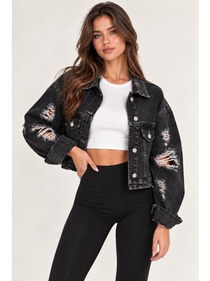 Lima Antrasit Kadın Yırtık Detaylı Oversize Kot Mont Denim Ceket
