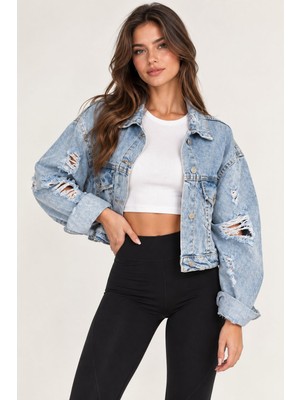 Lima Mavi Kadın Yırtık Detaylı Oversize Kot Mont Denim Ceket