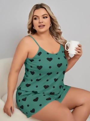 Seraviax Büyük Beden Yeşil Kalp Desen Pamuklu Şortlu Pijama Takımı