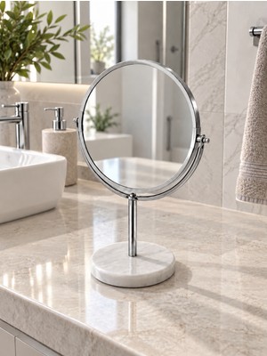 DMR Home Krom Yuvarlak Masaüstü Makyaj Aynası Mermer Tabanlı Dekoratif Banyo Aynası