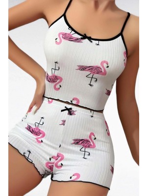 Seraviax Pamuklu Beyaz Üstüne Pelikan Desen Fitilli Askılı Şortlu Pijama Takımı
