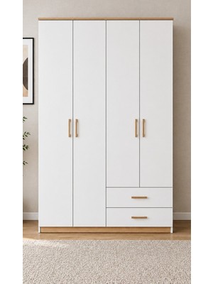 Noiss Home Decor Lifos 4 Kapaklı Çekmeceli Beyaz Gardırop, Raflı Askılıklı Yatak Odası Elbise Dolabı