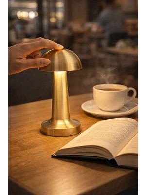 Chermik Gold Mantar Masa Lambası Şarjlı Dokunmatik 3 Renk LED Dekoratif Gece ve Masa Lambası Kafe Restaurant WB-EKL02