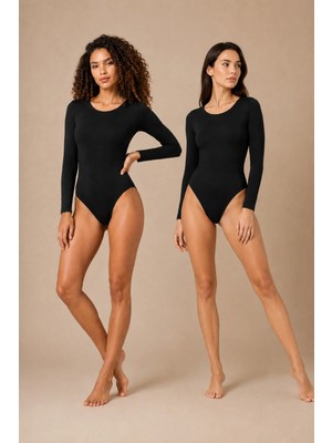 QKK 2'li Kadın Uzun Kollu Bisiklet Yaka Pamuklu Çıtçıtlı Body