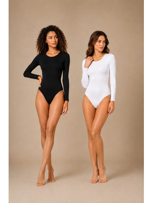 QKK 2'li Kadın Uzun Kollu Bisiklet Yaka Pamuklu Çıtçıtlı Body