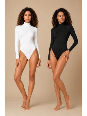 QKK 2'li Kadın Uzun Kollu Balıkçı Yaka Pamuklu Çıtçıtlı Body