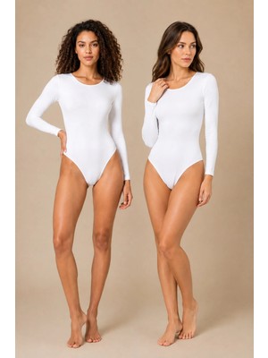 QKK 2'li Kadın Uzun Kollu Bisiklet Yaka Pamuklu Çıtçıtlı Body