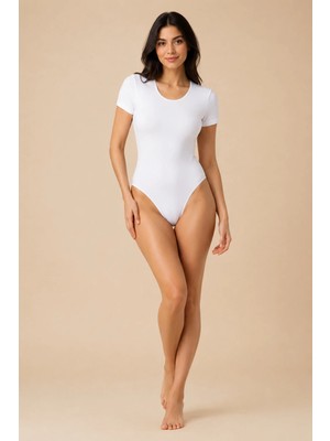 QKK Kadın Kısa Kollu Bisiklet Yaka Pamuklu Çıtçıtlı Body