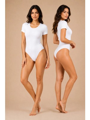 QKK 2'li Kadın Kısa Kollu Bisiklet Yaka Pamuklu Çıtçıtlı Body