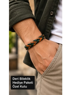 Herşey Nota Ruxandor Marzique Yeşil Taba Deri Erkek Bileklik - Çift Renk Kalın Örgü