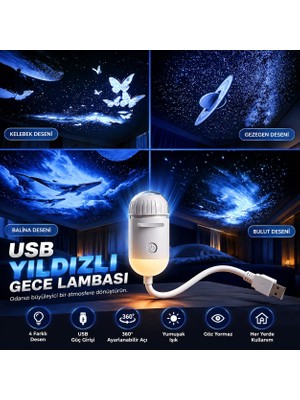 Azurtech USB Yıldızlı Gece Lambası 4 Desenli Galaksi Projektör Kelebek Balina Gezegen