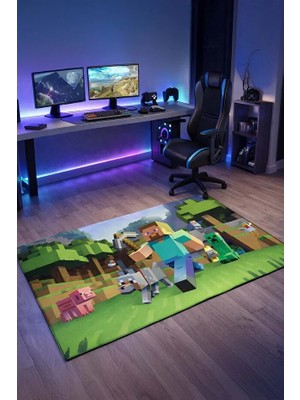 Mabeba Tekstil Mbb Minecraft Desenli Modern Genç Oda Oyun Halısı Dijital Baskı Kaymaz Taban Yıkanabilir Gamer CRAFTGM154