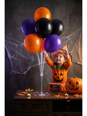 Partixa Halloween Mini Balon Standı Seti - 7'li Stand + 7 Adet Lateks Balon (Siyah, Turuncu, Mor) | Cadılar Bayramı