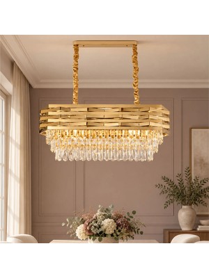 Apliqa Corde 80'lik Yemek Masası Sıralı Gold Kaplamalı Kristal Avize