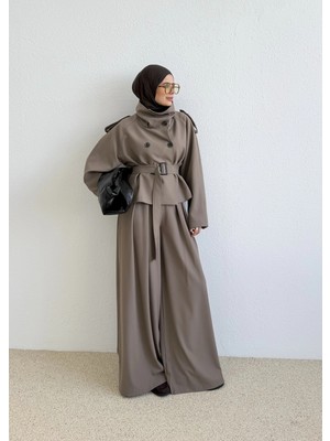 Moda Aksa 00 Yüksek Yaka Premium Trençkot Takım Vizon
