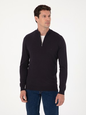 Cacharel Lacivert Slim Fit Pamuk Karışımlı Yarım Fermuarlı Dik Yaka Triko Kazak 50318981 VR033