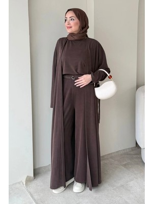 Tesettür Diyarı Fenal Petek Modal Kumaş Kemerli 3' Lü Abaya Takım- Kahverengi