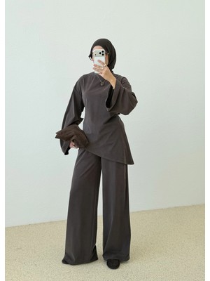 Moda Aksa 9203 Asimetrik Bluz Pantl Takım Kahve