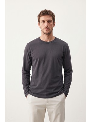 elemge %100 Pamuk Süprem Basic Erkek T-Shirt Compact Penye Tok Yumuşak Kumaş Normal Kalıp Terletmez Uzun Kollu Antrasit Sporcu Motorcu Tişört Body Füme