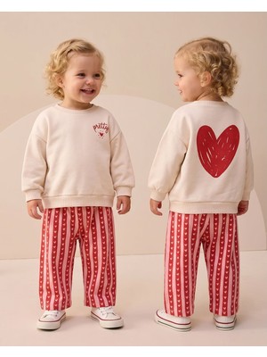 Valia Baby Pretty %100 Pamuklu Çizgili Arkası Kalp Baskılı Kız Bebek&çocuk Takımı